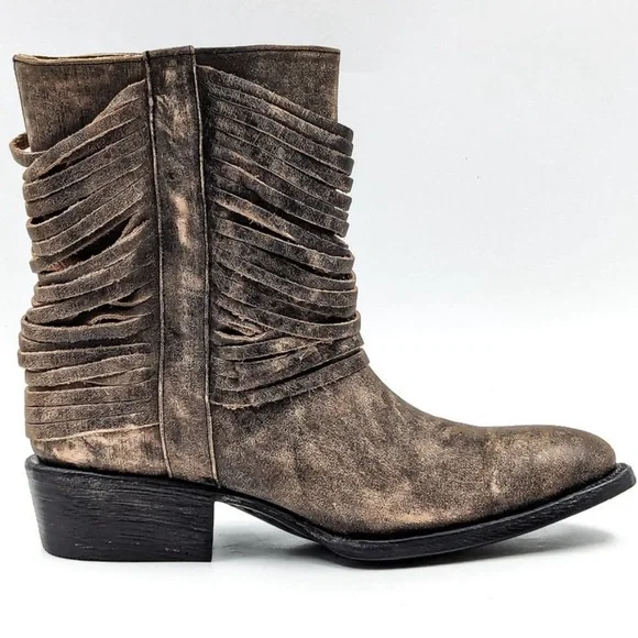 Matisse Distressed Layered Leather Fringe Festival Cowboy Booties - Picture 2 of 12